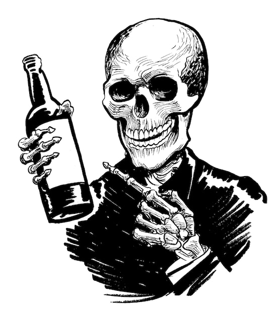 A skeleton holding a bottle of alcohol and a bottle of alcohol.