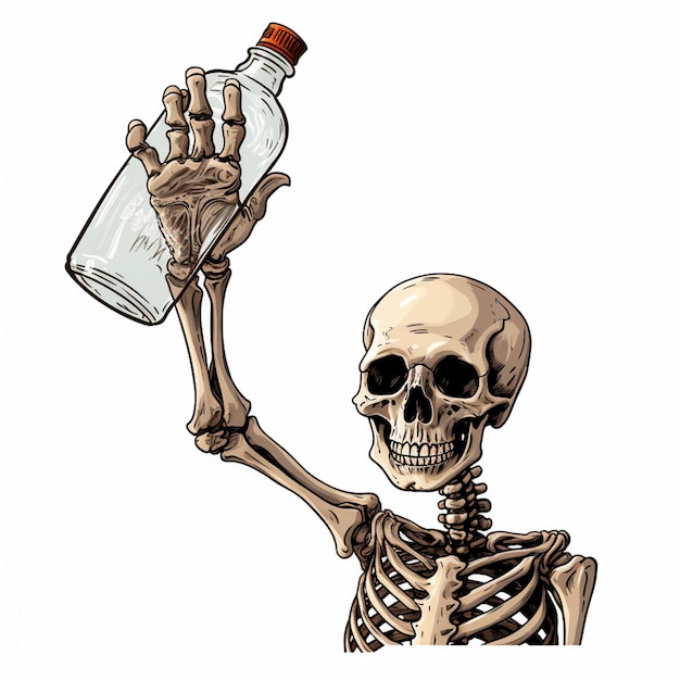 Photo skeleton holding a bottle of alcohol and a hand with a thumb generative ai