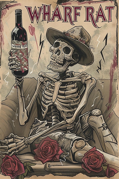 Foto uno scheletro che tiene una bottiglia di birra con una rosa su di essa
