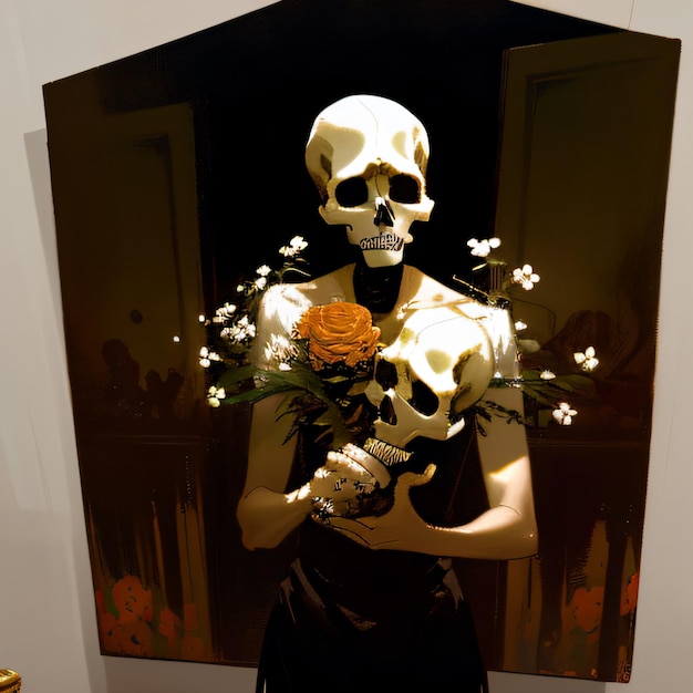 a skeleton holding a bouquet of flowers in front of a mirror