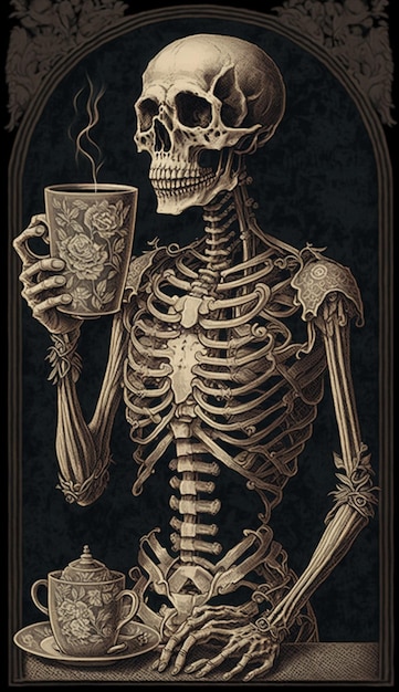 A skeleton holding a cup of coffee and a black background.