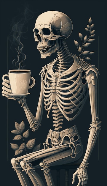 A skeleton holding a cup of coffee in front of a black background.