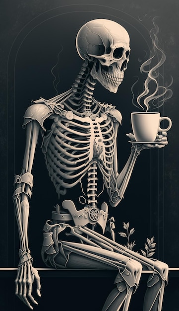 A skeleton holding a cup of coffee with the words " the skeleton " on it.