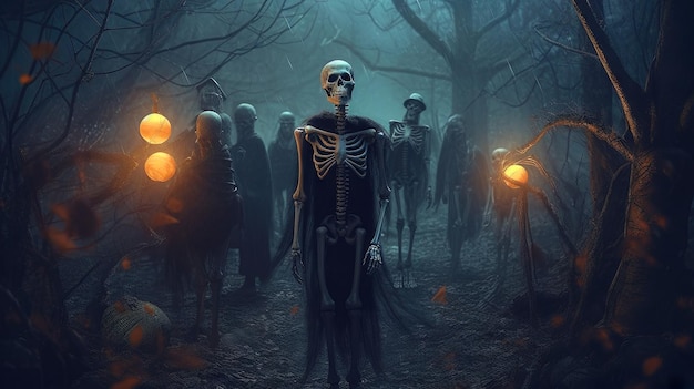 Skeleton holding the lamp in a dark forest during Halloween holiday Dark art with monsters in the forest at fall Generated AI