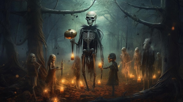 Скелет держит лампу в темном лесу во время праздника Хэллоуина Темное искусство с монстрами в осеннем лесу Сгенерированный ИИ