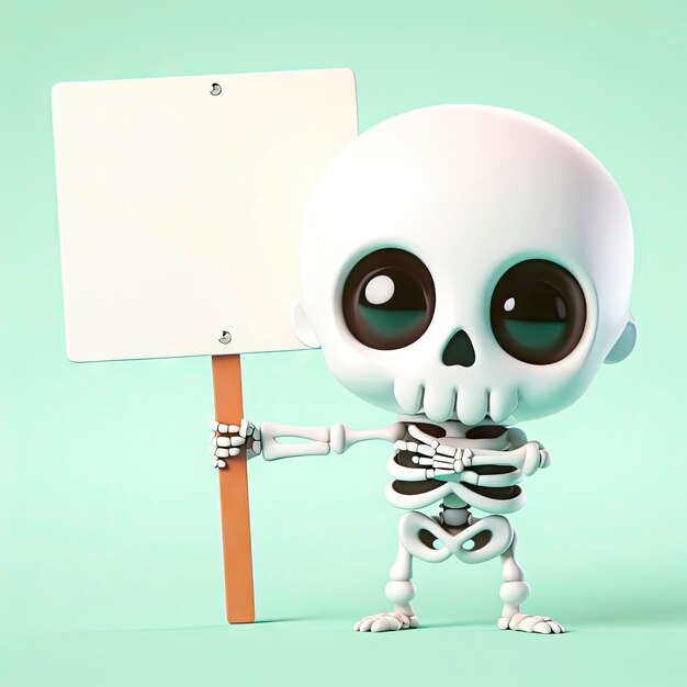 Photo skeleton holding white sheet of paper on pastel background ai generative