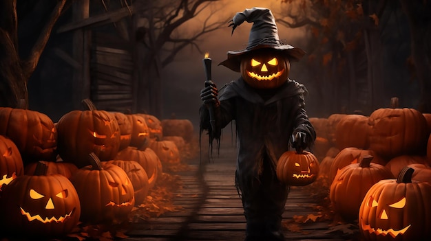 Скелет, держащий деревянный блок в лесу тыкв и спрайтов Хэллоуина