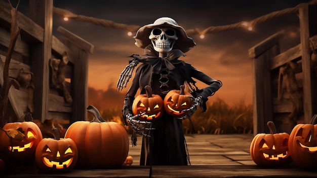 Skeleton holding a wooden block in forest of pumpkins and halloween sprites