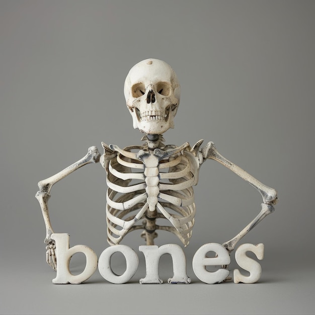 a skeleton holding the word bones in front of it