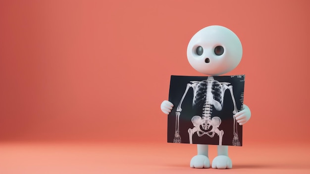 a skeleton holding a x ray picture in front of a pink background