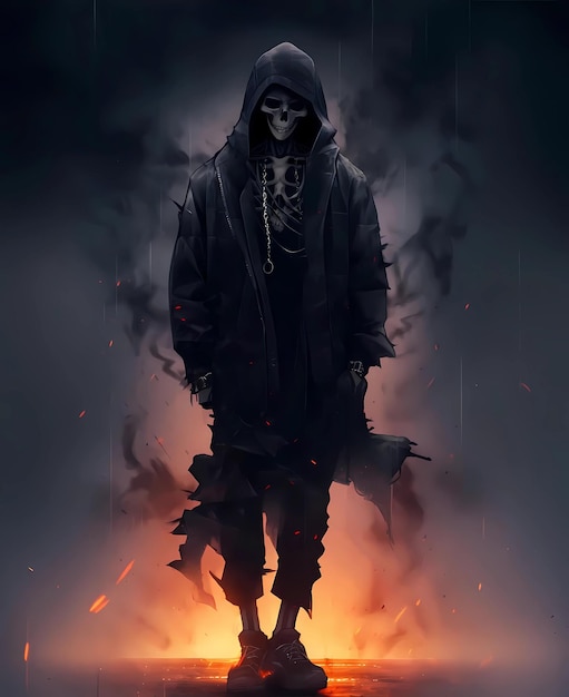 A skeleton in a hood