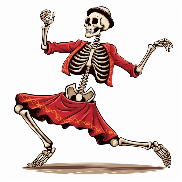 Фото Скелет в красном платье, бегущий с шляпой на генеративном аи