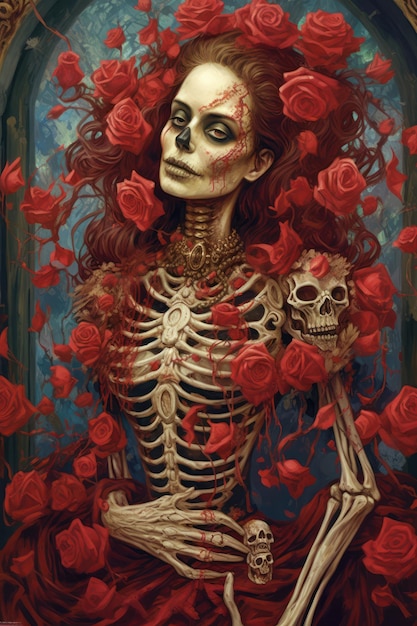 Skeleton is adorned with roses and candles