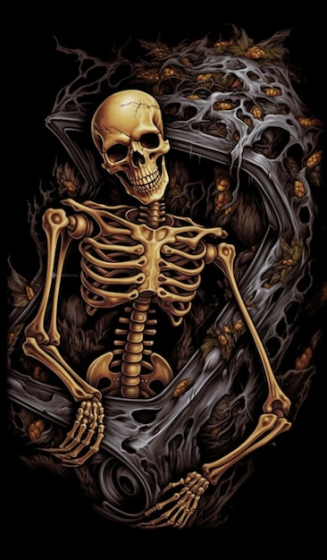 A skeleton is in a cave with a black background.