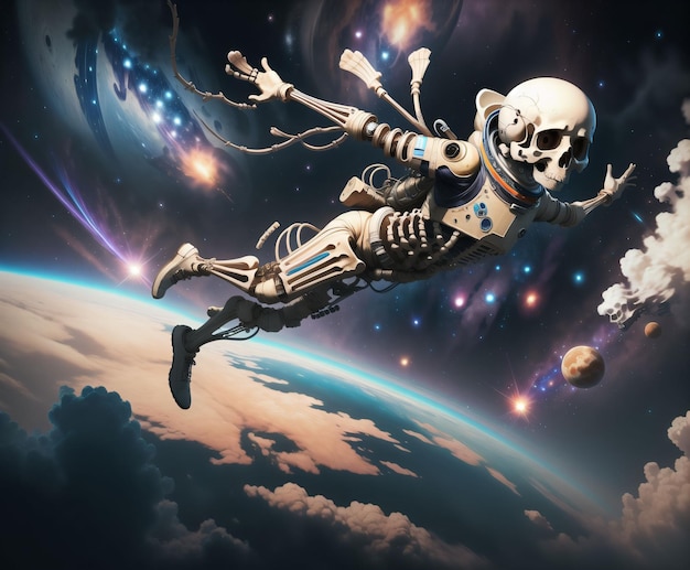 A skeleton is flying in a space with a planet in the background.