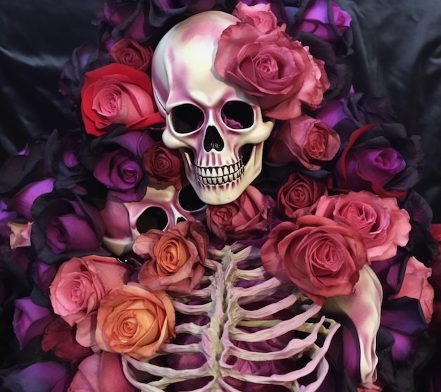 A skeleton is laying on a bed of roses and a skeleton is laying on a black cloth.