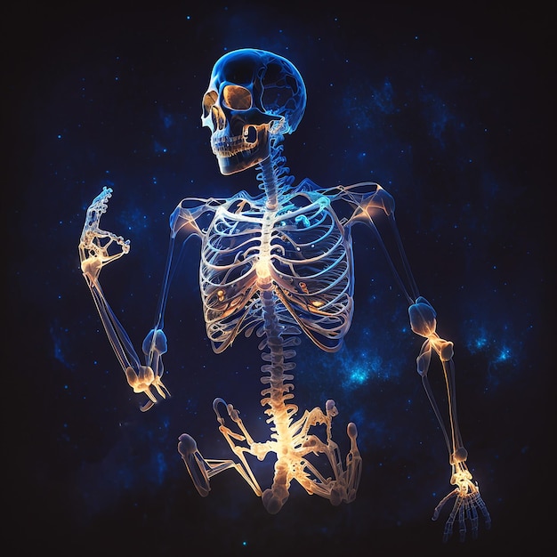 A skeleton is shown with a black background and the word skeleton on it