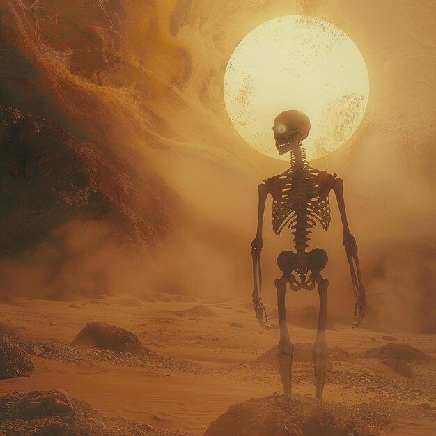 a skeleton is standing in front of a full moon