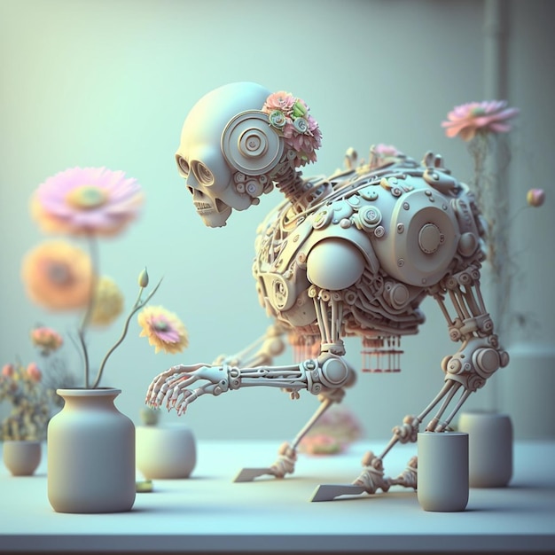 A skeleton is standing in front of some vases with flowers on it.