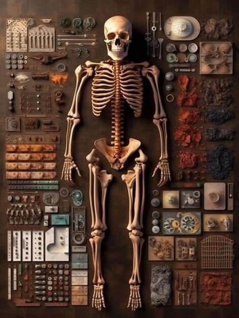 A skeleton is surrounded by a bunch of objects including a bunch of things.