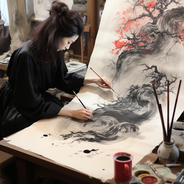 Photo skeleton japanese art japanese mountain painting 3d painting abstract painting