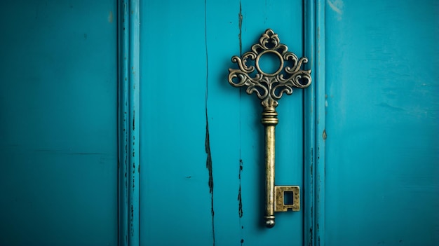 Skeleton key hanging on teal blue wood door