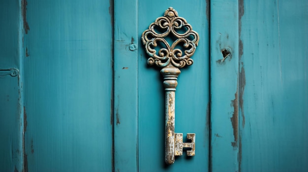 Skeleton key hanging on teal blue wood door