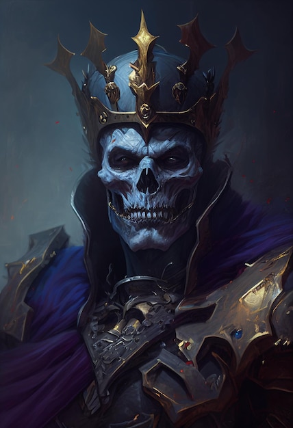 暗い背景に王冠をかぶった鎧を着た王の骸骨の肖像画、AI が生成