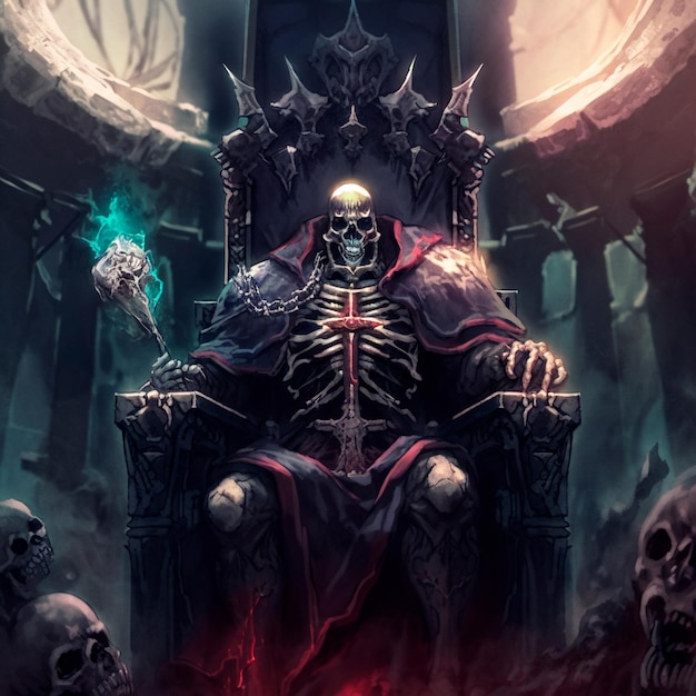 The skeleton king sits on his throne