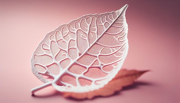 A skeleton leaf on a pink background