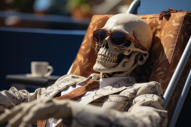 Photo skeleton lounging in a beach chair summer landscape image