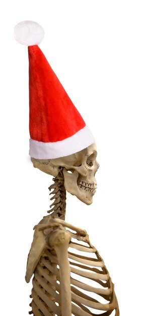 Скелет человека в шляпе Santaclaus, изолированные на белом фоне
