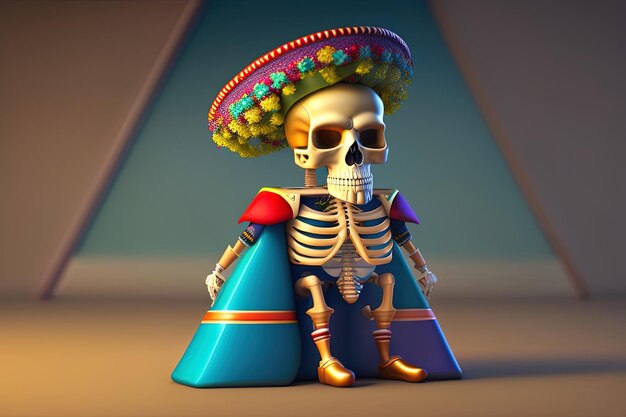 A skeleton in a mexican costume stands on a stage with a surfboard in the background.