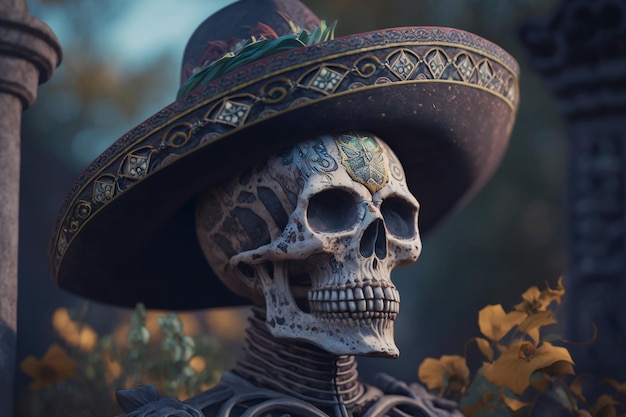 メキシコの伝統衣装とソンブレロ帽子をかぶった骸骨 Dia de Muertos Generative AI