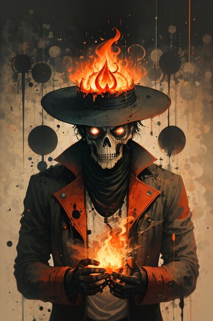 Skeleton monster magician performing fire magic in a magic hat decorated with roses