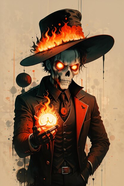 Skeleton monster magician performing fire magic in a magic hat decorated with roses