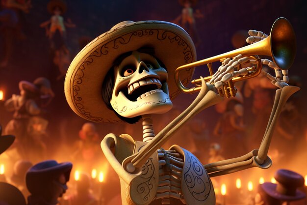 Photo skeleton musician playing trumpet in mariachi band 00634 00