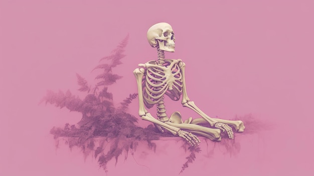 a skeleton perched on a limb of a tree with a pink backdrop in the background