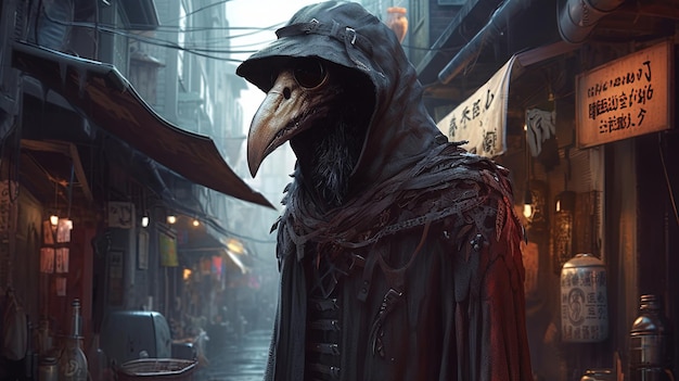 Skeleton plague doctor digital art illustration Generative AI