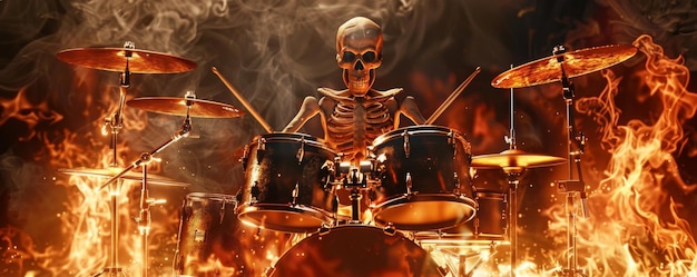 Skeleton playing burning drums drums on fire