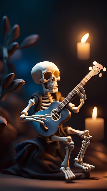 Skeleton playing guitar 3D cartoon character design illustration