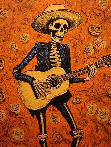 Skeleton playing guitar in a mexican style painting on a wall generative ai