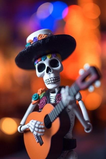 A skeleton playing a guitar with a hat on