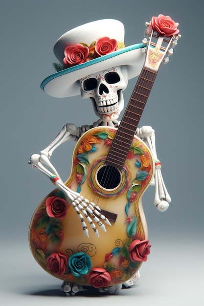 A skeleton playing a guitar with roses on it