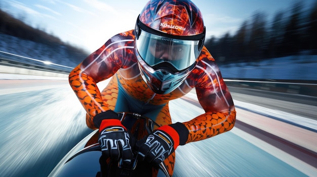 Skeleton racer in determined sprint on icy track