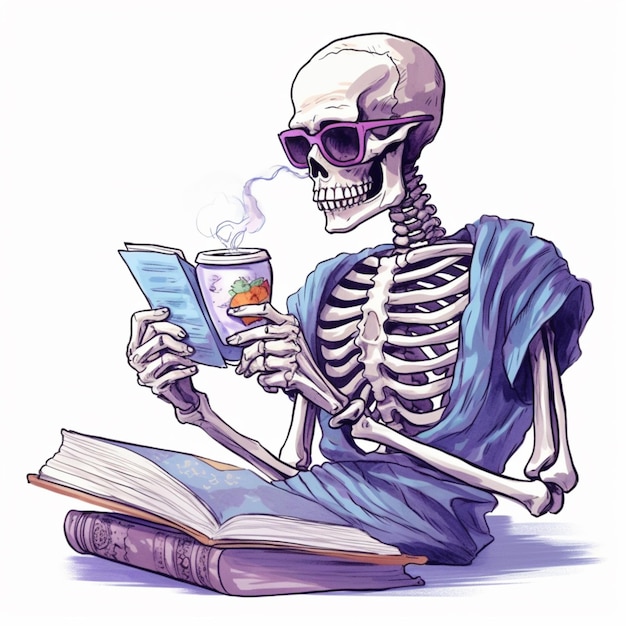 Skeleton reading a book and drinking a cup of coffee generative ai