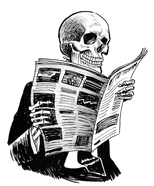 Skeleton reading a newspaper. Ink black and white drawing