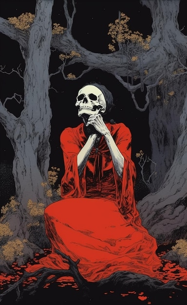 A skeleton in red dress praying