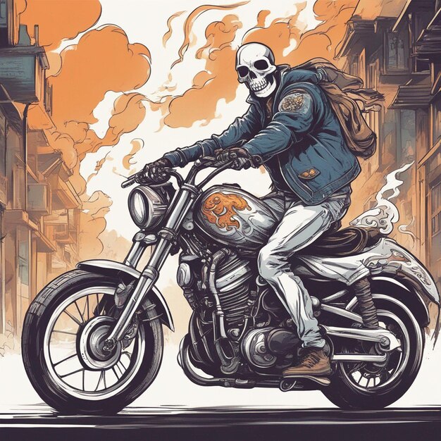 a skeleton riding a motorbike wearing a jacket and jeans with fire tshirt design vector ready