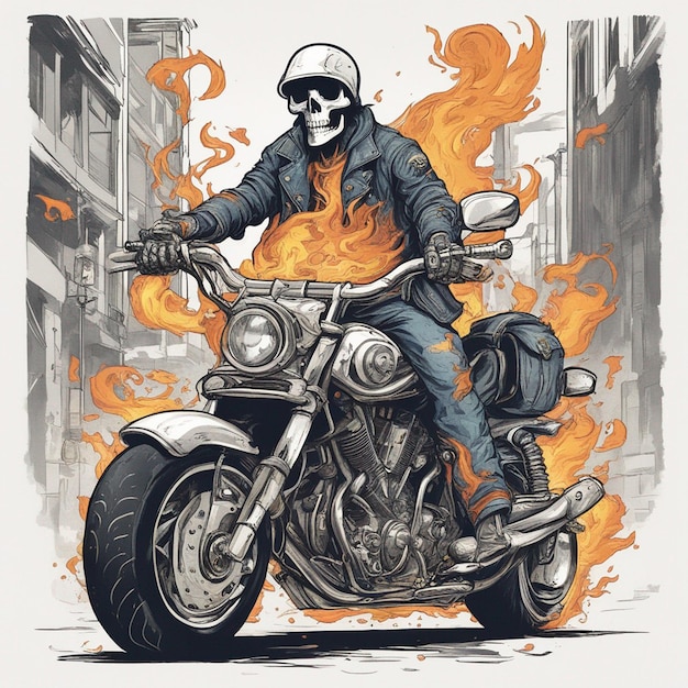 a skeleton riding a motorbike wearing a jacket and jeans with fire tshirt design vector ready
